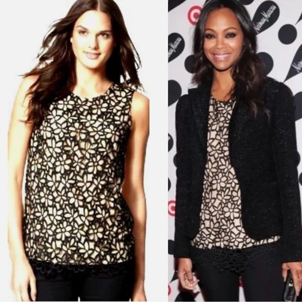 Lela Rose Neiman Marcus Black Guipure Lace Silk Top S Floral Party Tank Goth Tan
